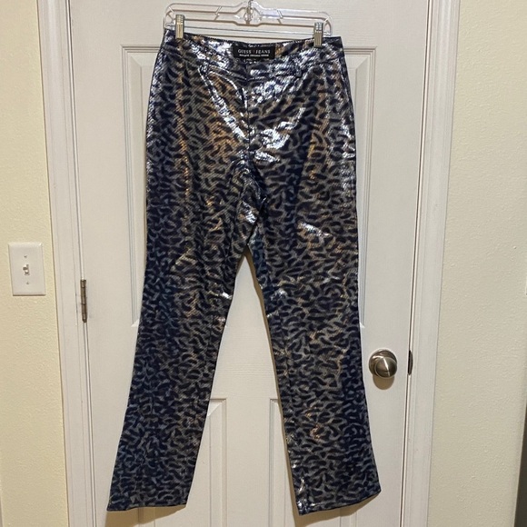 Y2K Guess Animal Print Shiny Silver Jeans Size 30 - Picture 1 of 13